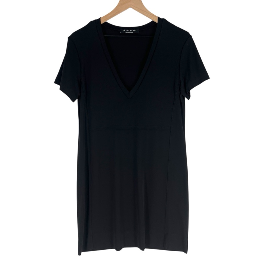 SHAN Classic Black Stretch Jersey Knit Short Sleeve V-Neck Tunic Top‎ Size 6